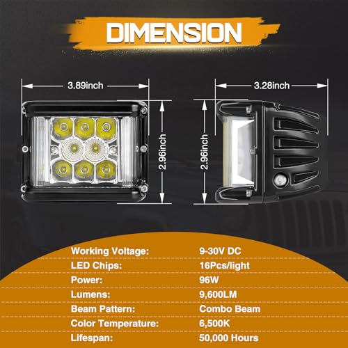 LED Pods, 2Pcs 4 Inch 96W Dually Side Shooter LED Fog Lights Off Road Spot Flood Combo Driving Cubes Light Pods Triple Row Ditch Lights Bar for Trucks ATV UTV SUV Boat Motorcycle - size: 4 Inch