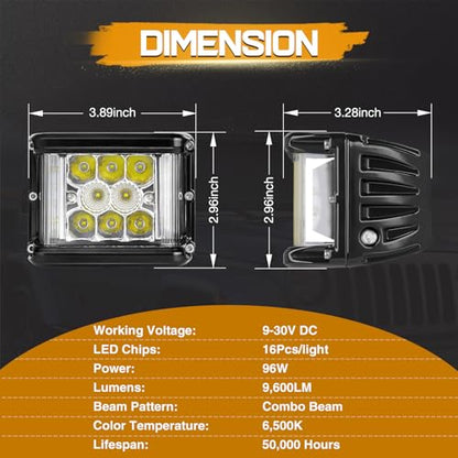 LED Pods, 2Pcs 4 Inch 96W Dually Side Shooter LED Fog Lights Off Road Spot Flood Combo Driving Cubes Light Pods Triple Row Ditch Lights Bar for Trucks ATV UTV SUV Boat Motorcycle - size: 4 Inch