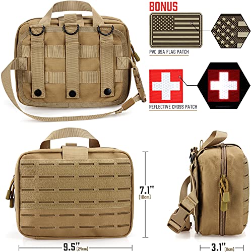 LIVANS Tactical Molle Medical Pouch - Upgraded Size, Large Capacity IFAK Pouch with Detachable Quick Release and Headrest Mount, Includes Flag and Cross Patch - color: Khaki