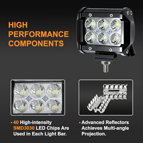 LED Light Bar 2PCS 36W 4 Inch Flood Spot Combo LED Work Light Pods Triple Row Work Driving Lamp with 12 ft Wiring Harness kit - 2 Leads