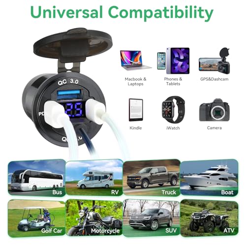 12V USB Outlet 4-Port, 78W Dual PD30W & QC3.0 Fast Charger, Waterproof Aluminum Alloy 12v Power Outlet with Blue Voltmeter for Cars RVs Boats Golf Carts Trucks Motorcycles - size: 1 pack
