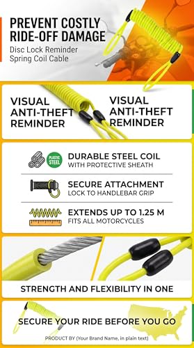 VGEBY Motorcycle Reminder Cable, Bike Alarm Disc Lock Antitheft Security Spring Reminder Coil Cable for Motorbike Scooter Bike Lock Alert (Color : Yellow)