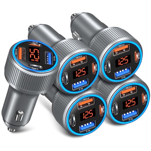 USB C Car Charger 5 Pack, 65W Dual 12V USB C & USB A Car Charger with Voltage Display Multi Port PD/QC 3.0 Fast Charge Cigarette Lighter Adapter for iPhone 17/16/15/14/13 Pro,Galaxy S25,Android(Grey) - color: Gray, size: 5-Pack