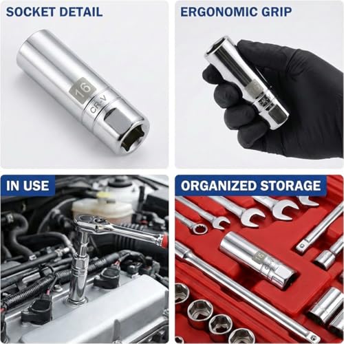 1PCS Magnetic Spark Plug Socket, 3/8 Inch Drive 6-Point Sparking Plugs Socket, Universal Spark Plug Removal Tool Accessories for Most Cars, SUVs, Trucks(16MM) - size: 16MM