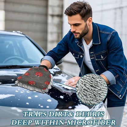susiyo 2 Pack Absorbent Microfiber Car Wash Drying Mitts Water Drop and Ladybugs Printed Chenille Car Wash Mitts Detailing Washing Gloves for Cars Motorcycles Boats, 10.24 x 7.09in - size: Medium