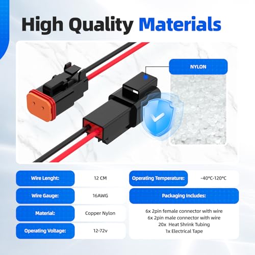 2 Pin Deutsch Connector, Hoodutric 16AWG Black Male Female Wiring Harness DT Pigtail 2 Wire Waterproof Electrical Connectors with Heat Shrink Tubing Electrical Tape for Car Truck Motorcycle Boat-6 Kit - style: 2Pin Black 6 Set