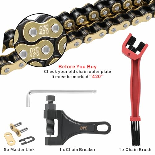 DYC 420 Chain 132 Links(Gold/Black) w/Master Link + Chain Breaker Tool & Chain Brush for Mini Bike, Pit Bike, Dirt Bike, ATV & Go Kart (Coleman, Baja, SSR, TaoTao, Coolster, Apollo, Kazuma) - size: 420-132L (Gold/Black)