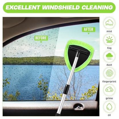 Potchen 8 Pcs Car Windshield Cleaner Tool Kit with Extendable Handle, Microfiber Towel Pads, Brush, Empty Spray Bottle for Auto Glass Wiper Suvs Rvs & Home Windows (Green) - color: Green