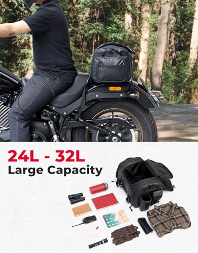 KEMIMOTO Motorcycle Travel Luggage Bags, Expandable Large Capacity Motorcycle Tail Bag, Waterproof Rear Rack Trunk, Motor Pannier Bag with Rain Cover and Straps 24L-32L - size: 24L-32L