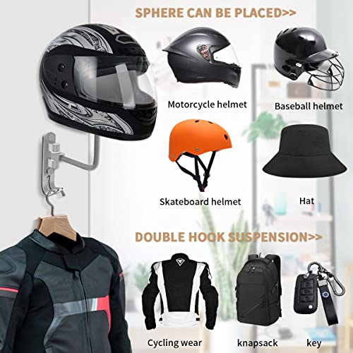 Motorcycle Helmet Rack, Helmet Holder Wall Mount 180° Rotation Hanger with 2 Hook for Coats, Caps, Motorcycle Accessories (Grey, 1 PCS)