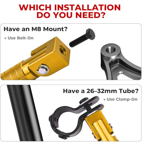 2-in-1 Clamp-On & Bolt-On Foldable Foot Pegs, Motorcycle Foot Pegs with Removable Pipe Clamps, M8 Mount or 26–32mm Tube Fit, for E-Bike, Mini Bike & Custom Builds （1 Pair, Anodized Gold) - color: Anodized Gold