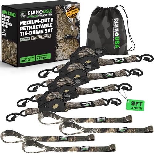 Rhino USA x Realtree Retractable Ratchet Straps (4PK) 1"x 9' (1,209lb Break Strength)- Heavy Duty Auto Self Retracting Tie Down Straps for Truck, Cargo Trailer, Motorcycle, ATV, UTV- Realtree APX Camo - color: Realtree APX Camo, size: 4 Pack