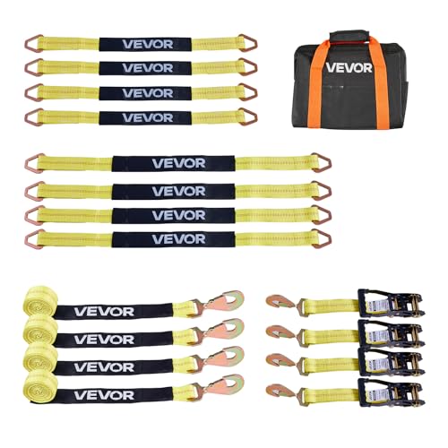 VEVOR Wheel Chock Tie-Down Kit, Axle Type Trailer Tie Down Strap, Car Tie Down Kit with Break Strength 10009 lbs, Working Load 3333 lbs, Trailer Ratchet Strap for ATV, UTV, & Heavy-Duty Pickup Trucks - style: Axle-Type with Spring Hook-Yellow