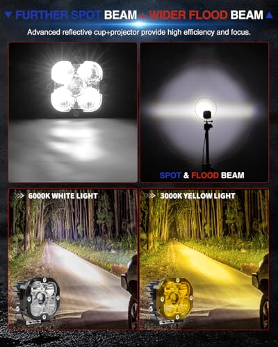 3 inch LED Light Pods for Offroad/Truck/Pickup/Motorcycle/UTV Super Bright Driving Lights 6000K White 2PCS(+DT Wiring Harness) - size: 3 inch White/Yellow