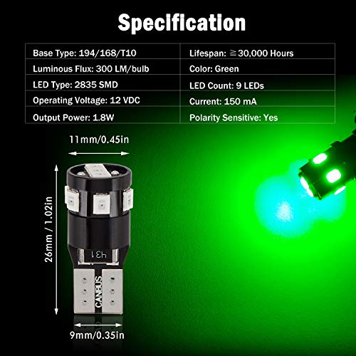 300LM Extremely Bright Canbus Error Free 194 168 2825 W5W T10 LED Bulbs Green 9-SMD 2835 Chipsets for Dome Map Door Courtesy License Plate Lights - color: green
