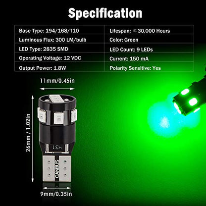 300LM Extremely Bright Canbus Error Free 194 168 2825 W5W T10 LED Bulbs Green 9-SMD 2835 Chipsets for Dome Map Door Courtesy License Plate Lights - color: green