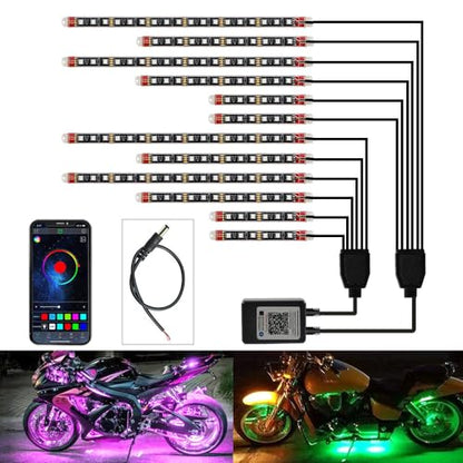 Motorcycle Led Underglow Kit 12pcs Waterproof RGB Motorcycle Led Lights Atmosphere Lights Lamp with Dual Rf Wireless Remote Controllers for Harley Davidson Honda Kawasaki Suzuki