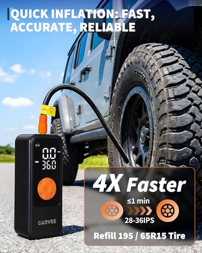 Garvee Portable Tire Inflator Air Compressor, 150PSI Cordless Air Pump, 4X Fast Inflation, Digital Pressure Gauge with Auto Shut-Off, LED Light, Rechargeable Tire Pump for Car, Motorcycle, Bike, Balls