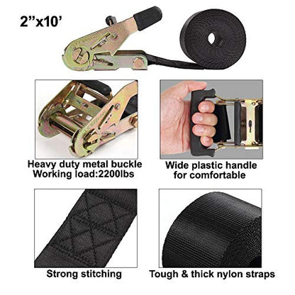 Endless Ratchet Tie Down Straps Heavy Duty Cargo Tie Downs, Sturdy Nylon Black Strap Down Ratcheting Securing Straps, Track Spring Fittings, Tie-Down Motorcycles, Trailer Loads, Kayak - size: 2"x10'-2pcs black