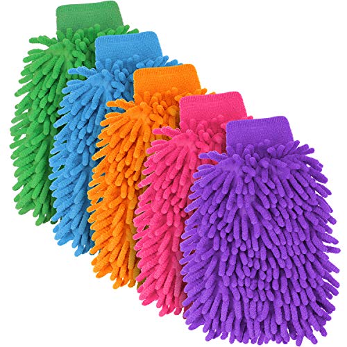BBTO 5 Pack Car Wash Mitts Scratch Free Premium Chenille Microfiber Mitts 6" x 9" Double Sided Lint-Free Car Wash Gloves for Trucks, SUVs, Motorcycles, and More - color: Orange,blue,green,pink,purple