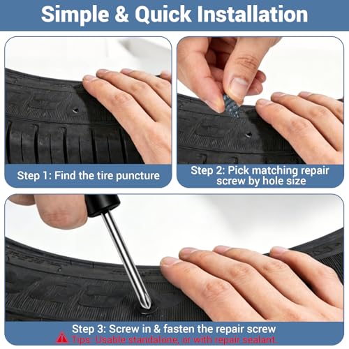 60 Pcs Tire Repair Screws with Screwdriver, Screw in Tire Plugs, Tire Patch Kit, Self-Service Rubber Nail Kit for Vacuum Tires of Cars, Motorcycles