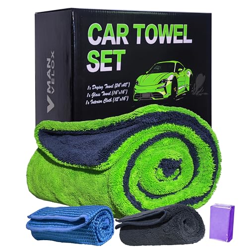 Upgraded 1600GSM Car Drying Towel 3-Pack Kit – 48"x24" Twist Loop Microfiber Towel for SUVs Trucks, Includes Glass Cloth & Interior Wipe – Absorbent Lint-Free Scratch-Free Towels Set - color: Darkgray-greenyellow, size: XX Large