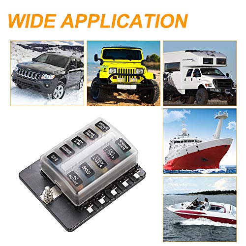 BUNKER INDUST 10-Way Fuse Box Blade Fuse Block Holder with LED Indicator for Blown Fuse Waterpoof Protection Cover for Car Boat Marine Automotive,Include 20Pcs Blade Fuses and 1Pcs DIY Sticker - color: 1Pcs 10-Way Blade Fuse Box