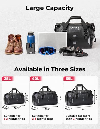 KEMIMOTO Waterproof Motorcycle Dry Bag – Duffle Tail Bag Soft Luggage, 25L/40L/65L Large Capacity with 4 Quick-Release Straps, Dustproof for Touring, Adventure, Motorcycling & Camping Black - size: 25L