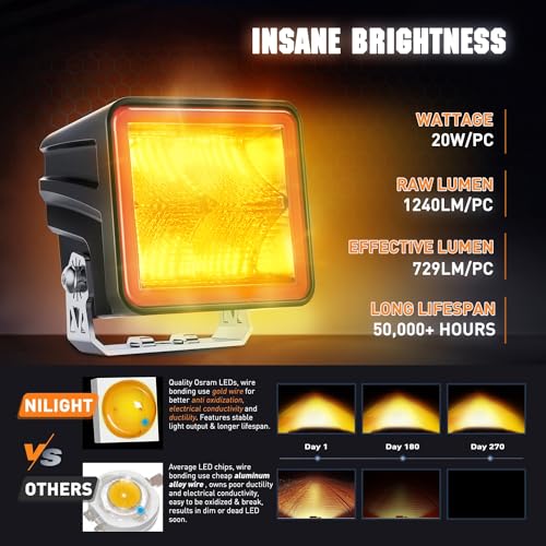Nilight 3 Inch Cube Amber LED Pod Light Bar 20 W 1240LM Super Flood Screw-Less Offroad Driving Work Lights w/16AWG DT Wiring Harness Kit for Truck UTV 4x4 ATV Motorcycle - color: Indirect 4LED Flood Pod-Amber