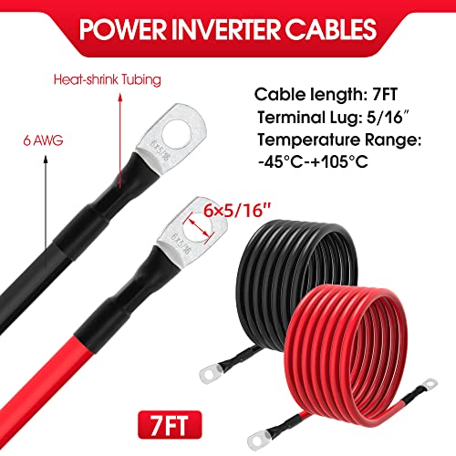 6 AWG Battery Cables 6 Gauge Battery Power Inverter Cable with 5/16 Inch Tinned Copper Lugs Both Ends for Solar Marine Boat RV Car Motorcycle 2 pcs (7FT) - size: 7FT