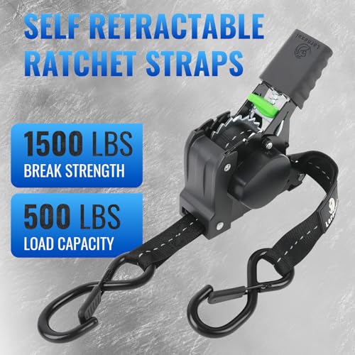 Retractable Ratchet Straps 4 Pack - 1,500 Lbs Break Strength 1 in x 10 Ft Heavy Duty Retractable Ratchet Tie Down Straps with S Hooks Set for Truck, Cargo Van, Trailer, Motorcycle (Black) - color: Black