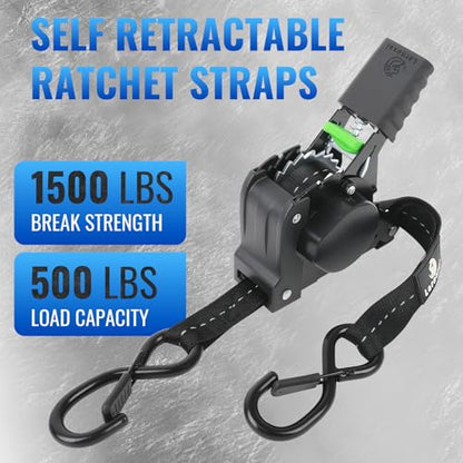 Retractable Ratchet Straps 4 Pack - 1,500 Lbs Break Strength 1 in x 10 Ft Heavy Duty Retractable Ratchet Tie Down Straps with S Hooks Set for Truck, Cargo Van, Trailer, Motorcycle (Black) - color: Black