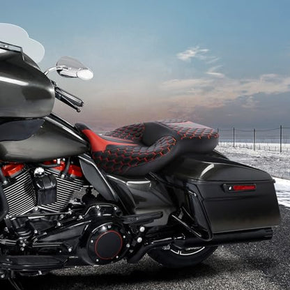 C.C. RIDER Driver& Passenger Seat Mammock Seat Extended Reach Seat Fit For Harley Touring 2009-2023 Road Glide Street Glide Road King Electra Glide CVO Models 2009-2022 - color: 37# Red