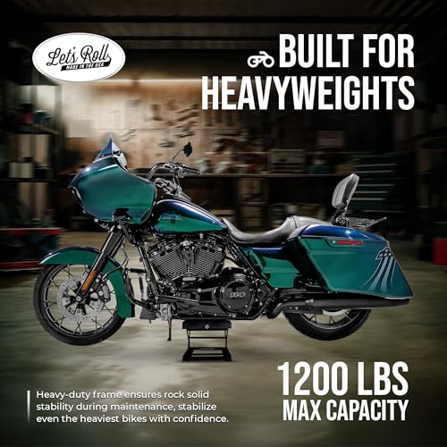 Let's Roll Standard Motorcycle Lift Jack - 1200 LB Heavy Duty Scissor Jack Stands, Scissor Lift Jacks, Motorcycle Accessories, Stable Garage Lifts with Mobility for Maintenance - Made in The USA