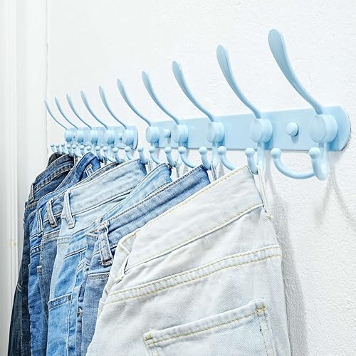 Dseap Coat Rack Wall Mounted - 5 Tri Hooks, Heavy Duty, Stainless Steel, Metal Coat Hook Rail for Coat Hat Towel Purse Robes Mudroom Bathroom Entryway (Blue, Pack of 2) - color: Blue, size: L=16" (2 Pcs)
