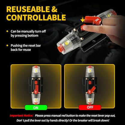 20 Amp Manual Reset Circuit Breaker DC 12-48V Waterproof Inline Fuse Holder, 3-15 AWG Overload Protection for Car Audio Sound Amplifier System RV Marine Boat Truck Solar (Pack of 2) - style: 20A