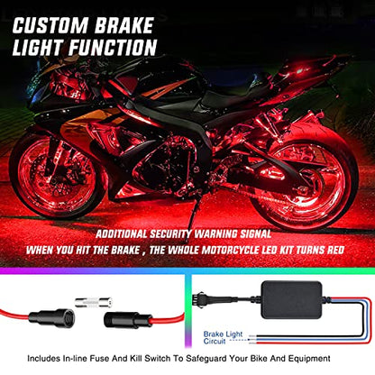 Nilight 8PCS Motorcycle RGB Led Light Kit Waterproof Multi Color Atmosphere Neon Accent APP and Remote Control Underbody Strips for Harley Davidson Honda Kawasaki Suzuki - color: 8Pcs RGB LED Strip-APP