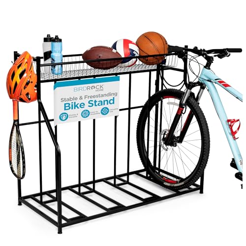 BIRDROCK HOME Bike Rack Garage Storage Floor Stand - Freestanding Organizer for Outdoor Yard - Upright Wall Mount for Scooters, Rakes, Motorcycles, Hoverboards, Gloves - Holds 4 Bicycle - Black - size: 4 Bike Rack