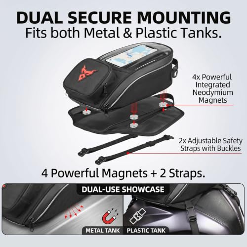 MOTOCENTRIC Magnetic Motorcycle Tank Bag, 1200D Splash-Resistant Fuel Tank Bag with Touchscreen Phone Pocket, Universal Bikers Shoulder & Handheld Storage Bag for Metal and Plastic Tanks (Red) - color: Red