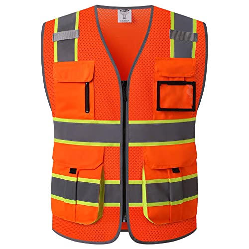 JKSafety 9 Pockets Hi-Vis Mesh Safety Vest for men and women | Chaleco reflectante de seguridad | Zipper Front | Multiple Pockets | Class 2 (140-Orange M) - color: Jk140-orange, size: Medium