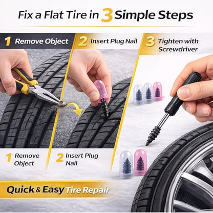 100PCS Tire Plug Kit, Screw in Tire Repair Plugs 50 Small 50 Large with Screwdriver & Storage Box | Emergency Tubeless Tire Puncture Repair Tool for Car Motorcycle Truck