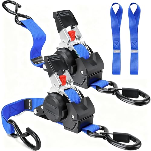 Retractable Ratchet Straps, 1763lb Break Strength Blue Self Retracting Ratchet Straps Heavy Duty with Soft Loops, 1'' x 10FT Auto Tie Down Straps Easy Retract for Motorcycle, Truck, Cargo, 2 Pack - color: Blue, size: 1" x 10FT - Retractable - 2 Pack