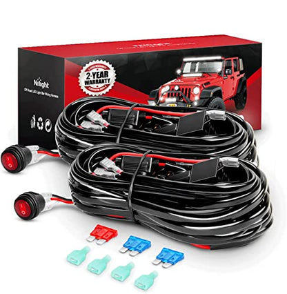 Nilight 2PCS 16AWG LED Light Bar Wiring Harness Kit - 2 Leads 12V On Off Switch Power Relay Blade Fuse for Off Road Lights LED Work Light, 2 Years Warranty