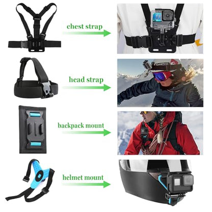 Accessories Kit Pack for Go pro 13 12 11 10 9 Hero Black, Waterproof Housing Case Backpack Shoulder Strap Mount Motorcycle Helmet Chin Mount Bundle for Gopro Hero13 12 11 10 9 Camera(YP01)