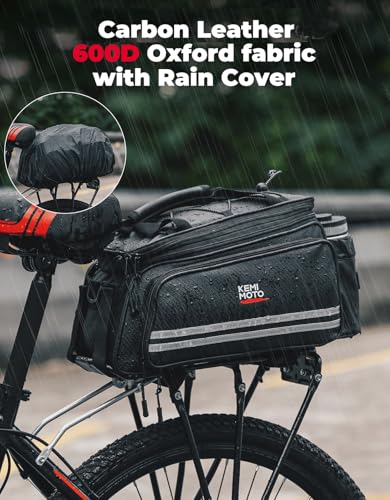 KEMIMOTO 20L Bike Bag Rear Rack with Waterproof Rain Cover, Carbon Leather Bike Trunk Bag Pannier Handbag for Bicycle, Ebike, Storage Cargo Mountain Road Bike Commuter - style: Carbon Leather Pvc With Rain Cover