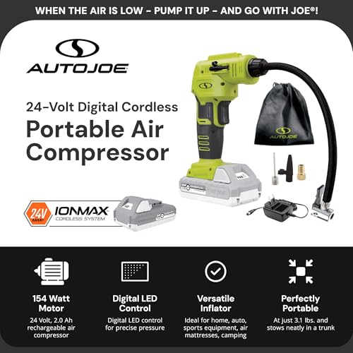 Sun Joe Cordless Tire Air Inflator and Compressor Kit w/ 2.0-Ah Battery, Charger and Nozzle Adapters - Portable Battery-Powered Inflating Tool for Car Wheels, Pools, and Bikes, IONMAX 24V-AJC-LTE - style: Standard Kit (w/2.0-Ah Battery + Charger)