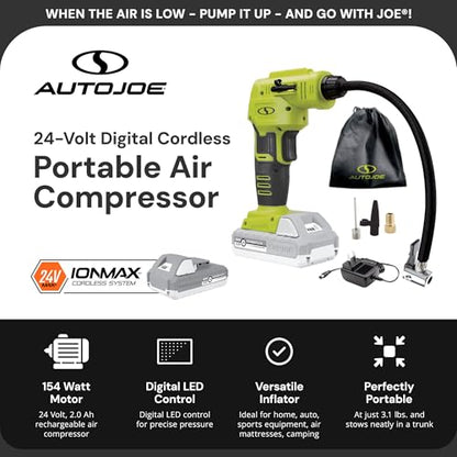 Sun Joe Cordless Tire Air Inflator and Compressor Kit w/ 2.0-Ah Battery, Charger and Nozzle Adapters - Portable Battery-Powered Inflating Tool for Car Wheels, Pools, and Bikes, IONMAX 24V-AJC-LTE - style: Standard Kit (w/2.0-Ah Battery + Charger)