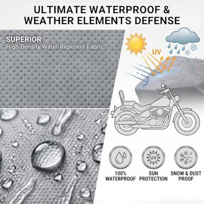 SavvyCraft Supreme Motorcycle Storage Cover, 5-Layer Waterproof UV Resistant Protection, Fleece Lined Indoor Outdoor Cover with Vent, Adjustable Straps for Tour Bikes, Choppers, Cruisers up to 110" L - size: Fits up to 110"L