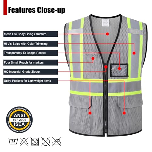 Reflective Safety Vest for Men Women Hi Vis Vest with Pockets High Visibility Vest Mesh Construction Vests Meets ANSI/ISEA Standards (Grey-33, Medium) - color: Grey-33, size: Medium