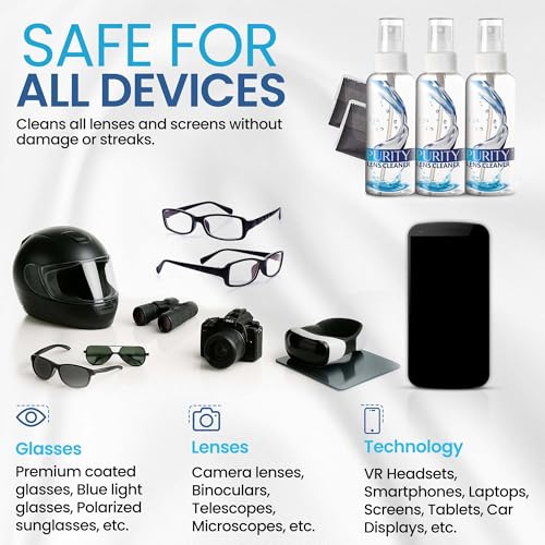 Purity Eyeglass Lens Cleaner Kit - 3 x 2oz Travel Size Lens Cleaner Spray Bottle + 2 Microfiber Cleaning Cloths - Safe for All Lenses (AR Coated Included), Eyeglasses and Screens - Clear - style: 5 Piece Set - 3 (2oz Lens Spray) + 2 (Microfiber Cloth)